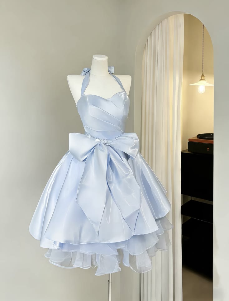 Chic Pale Blue Halter Sweetheart Ruched Satin Corset Big Bow Layered A Line Short Homecoming Dress XS010