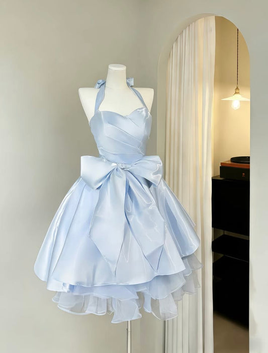 Chic Pale Blue Halter Sweetheart Ruched Satin Corset Big Bow Layered A Line Short Homecoming Dress XS010