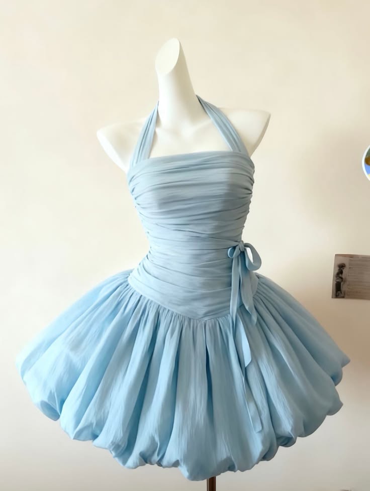 Chic Blue Halter Ruched Side Bow Bubble Hem A Line Short Homecoming Dress XS011