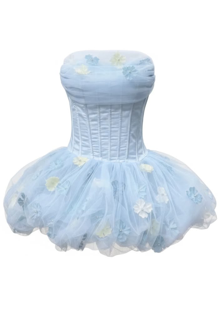 Gorgeous Pale Blue Strapless Corset 3D Floral Tulle Puffy A Line Short Homecoming Dress XS012