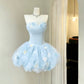 Gorgeous Pale Blue Strapless Corset 3D Floral Tulle Puffy A Line Short Homecoming Dress XS012