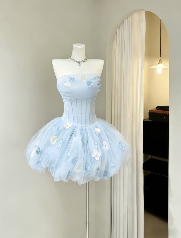 Gorgeous Pale Blue Strapless Corset 3D Floral Tulle Puffy A Line Short Homecoming Dress XS012