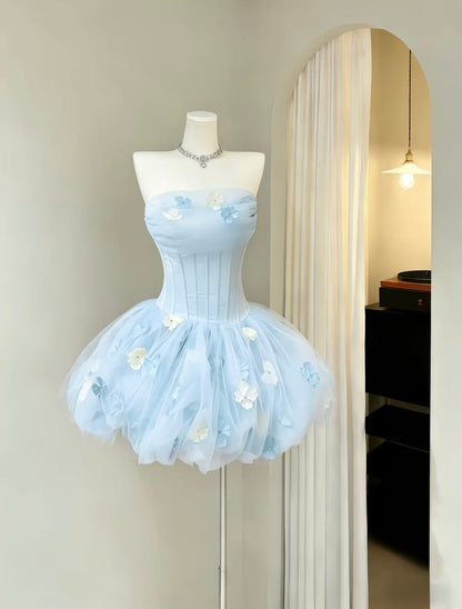 Gorgeous Pale Blue Strapless Corset 3D Floral Tulle Puffy A Line Short Homecoming Dress XS012