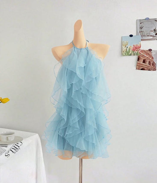 Airy Pale Blue Halter Sheer Chiffon Multi Ruffle Tiered Sheath Short Homecoming Dress XS014