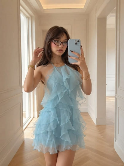 Airy Pale Blue Halter Sheer Chiffon Multi Ruffle Tiered Sheath Short Homecoming Dress XS014
