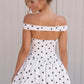 Chic White Black Polka Dot Off The Shoulder Open Back Ruched Bubble Hem A Line Short Homecoming Dress XS015