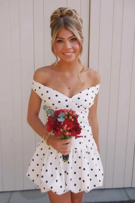 Chic White Black Polka Dot Off The Shoulder Open Back Ruched Bubble Hem A Line Short Homecoming Dress XS015