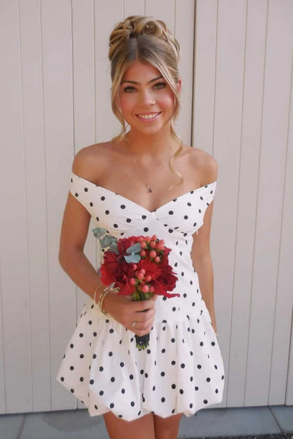 Chic White Black Polka Dot Off The Shoulder Open Back Ruched Bubble Hem A Line Short Homecoming Dress XS015