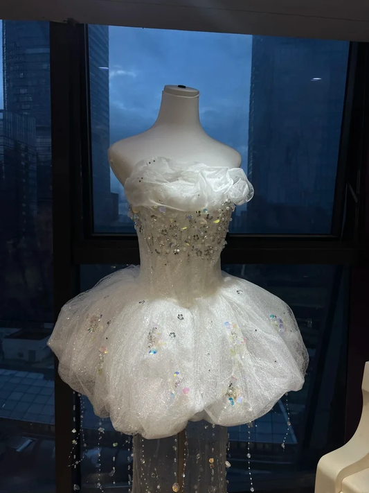 Stunning White Strapless Sequin Beaded Ruffled Tulle Corset A Line Short Homecoming Dress With Crystal Tassels XS016