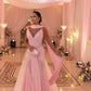Vintage Pink Tulle Prom Dress Sheath V-neck Evening Gown Dopatta Party Dress Long Formal Dress DP6890