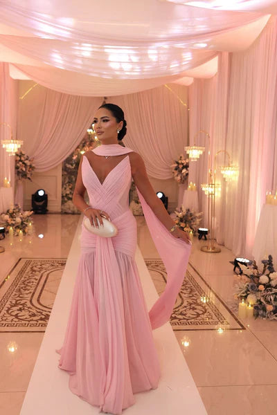 Vintage Pink Tulle Prom Dress Sheath V-neck Evening Gown Dopatta Party Dress Long Formal Dress DP6890
