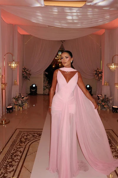 Vintage Pink Tulle Prom Dress Sheath V-neck Evening Gown Dopatta Party Dress Long Formal Dress DP6890