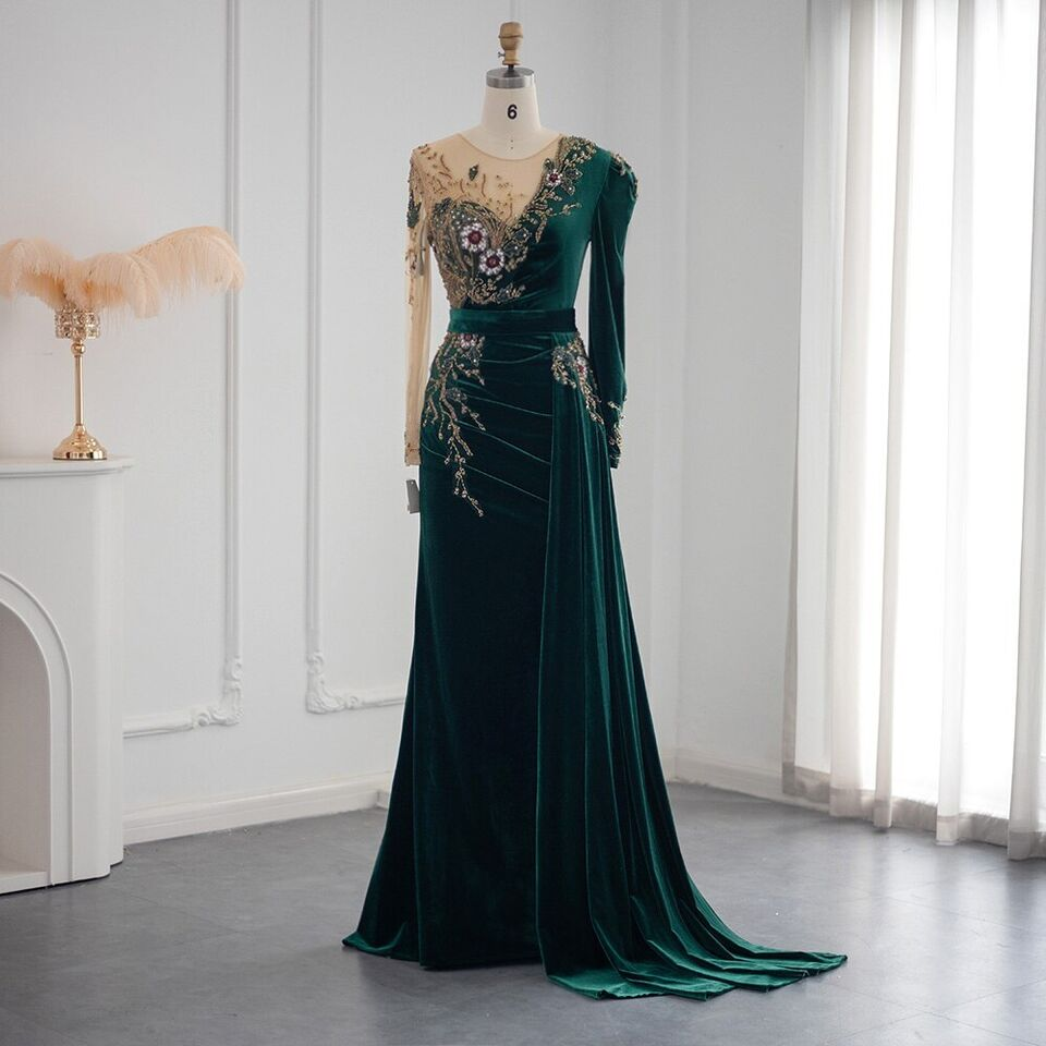 Dark Green Long Sleeves Jewel Mermaid Evening Dresses Prom Gowns With Ruffles,DP1116