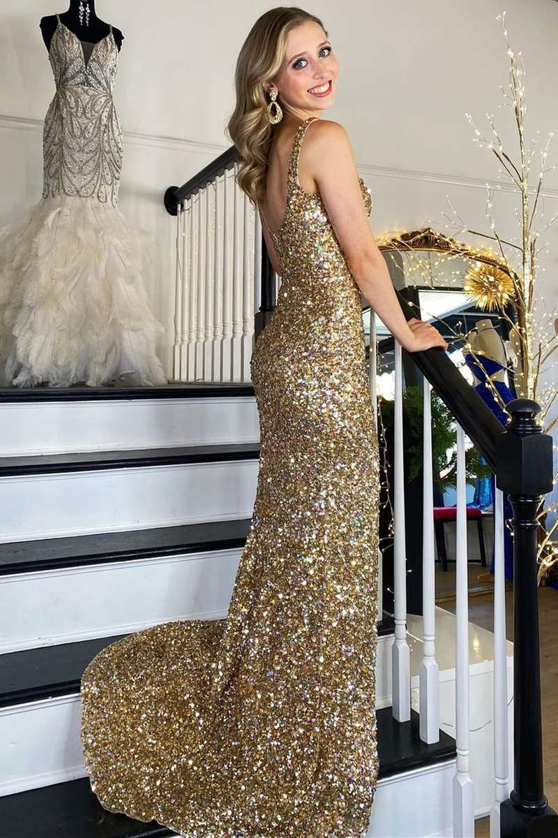 Gold Sequin Square Neck Backless Mermaid Long Formal Dress with Slit,DP048