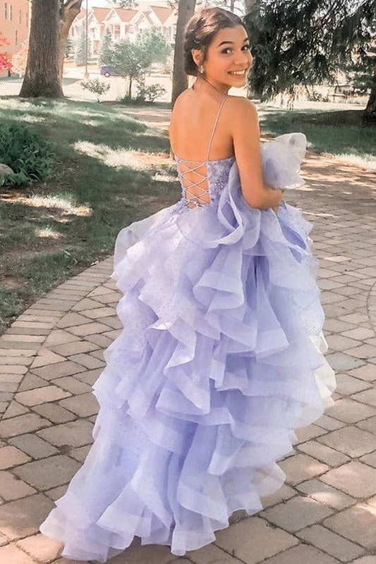 Lace-Up Back Lavender Long Prom Dress with Cascading Ruffles,DP0155