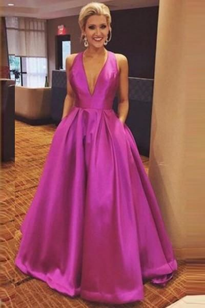 Gorgeous A Line Hot Pink Long with Ribbon Back Satin Deep V Neck Prom Dress,DP0178