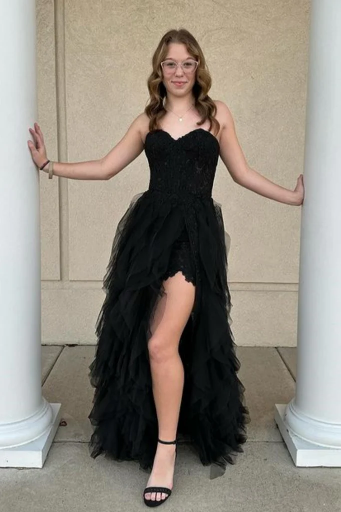 Black Sweetheart Strapless Tulle Ruffles Long Prom Dress with Slit, DP2576