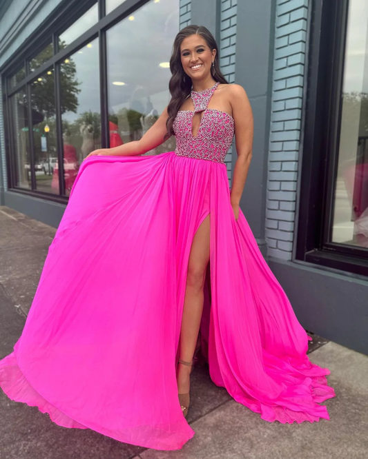 Cute A-Line Hot Pink Chiffon Long Prom Dresses With Beading,DP0189