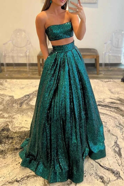 Emerald Green Sequins Two Piece Prom Dress with Pockets,DP0122