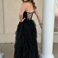 Black Sweetheart Strapless Tulle Ruffles Long Prom Dress with Slit, DP2576