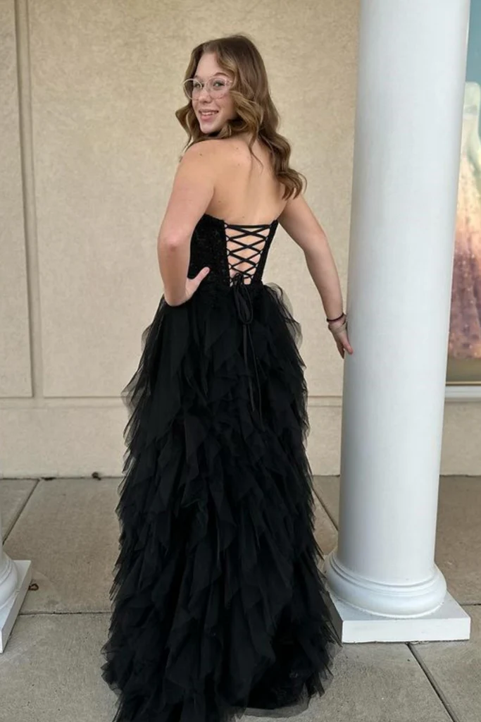 Black Sweetheart Strapless Tulle Ruffles Long Prom Dress with Slit, DP2576