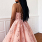 Pink Lace Long Prom Dresses A-Line Evening Dresses,DP0124