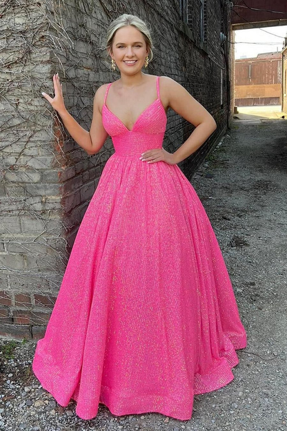 Fuchsia Sequins Spaghetti Straps A-Line Long Prom Dress,DP0192