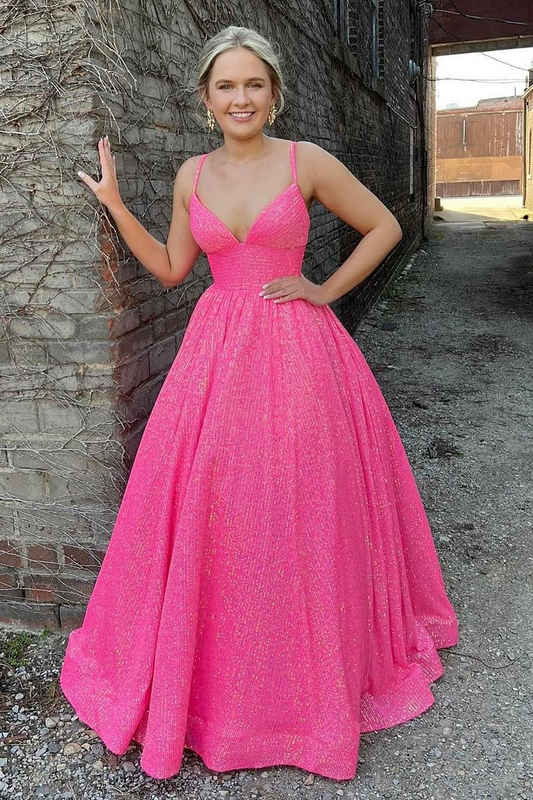 Fuchsia Sequins Spaghetti Straps A-Line Long Prom Dress,DP0192