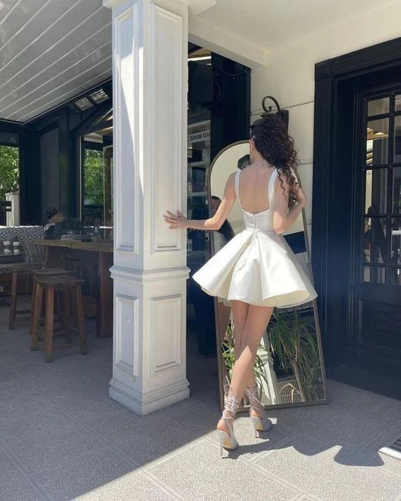 Vintage White Satin Short A-Line Party Dress Cocktail Dress Homecoming Dress DP6476