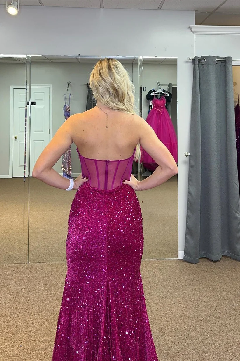 Fuchsia Sweetheart Sequin Mermaid Long Prom Dress, DP2014