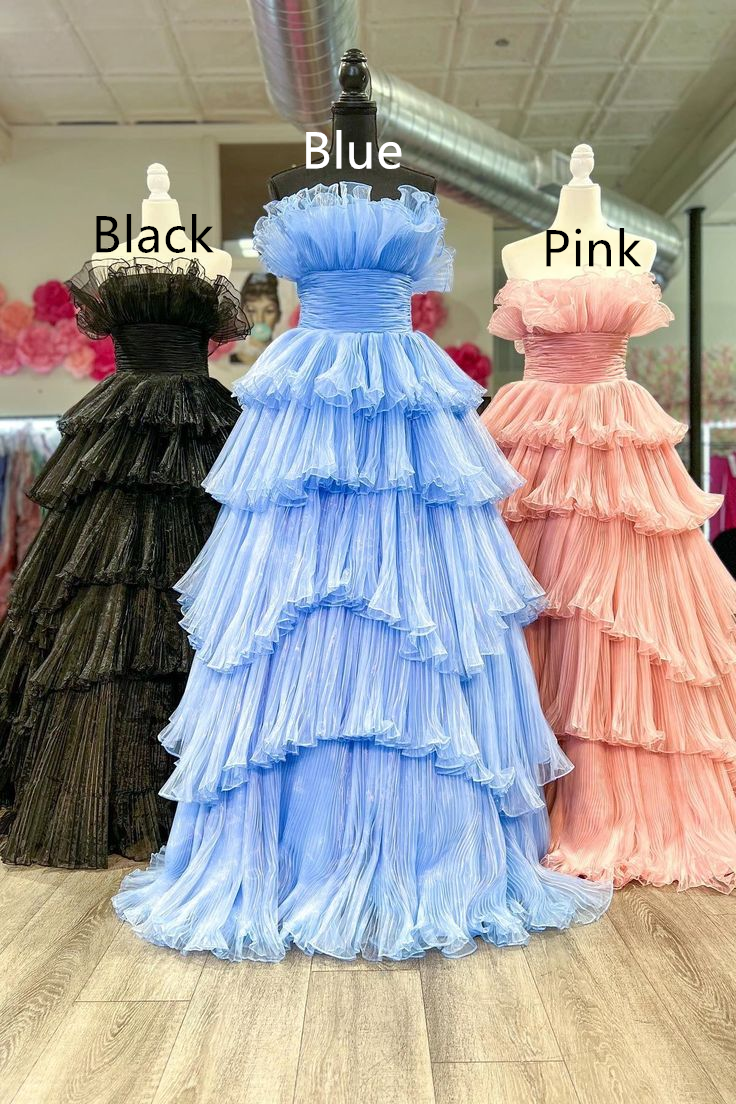 Candy Pink Tulle A-line Strapless Ruffles layers Long Prom Dress,DP0210