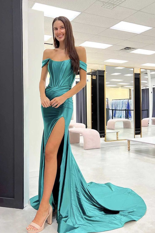 Mermaid Off-the-Shoulder Long Prom Dress Satin Corset High Slit Evening Dress,DP0186