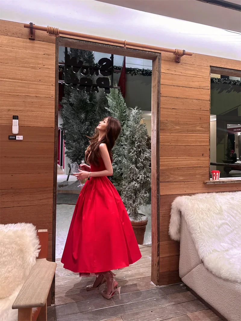 Elegan Red Halter-Neck A-Line Midi Prom Dress DP8654
