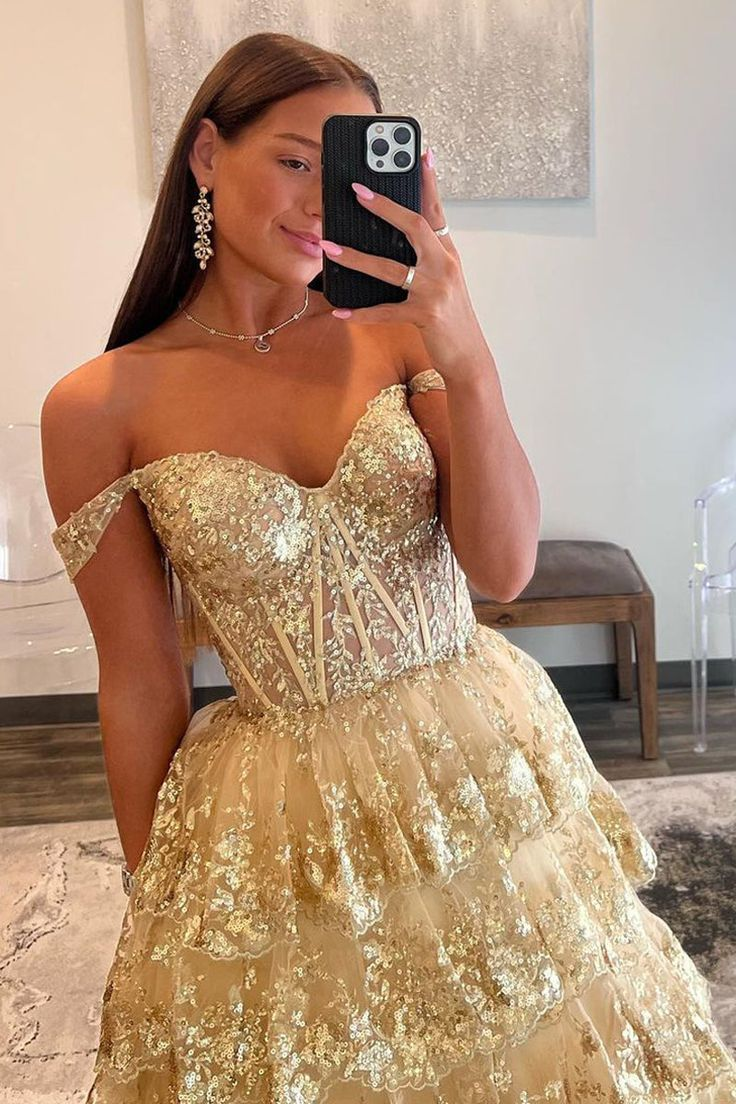 Sparkly A Line Sweetheart Gold Sequins Long Prom Dresses,DP0203