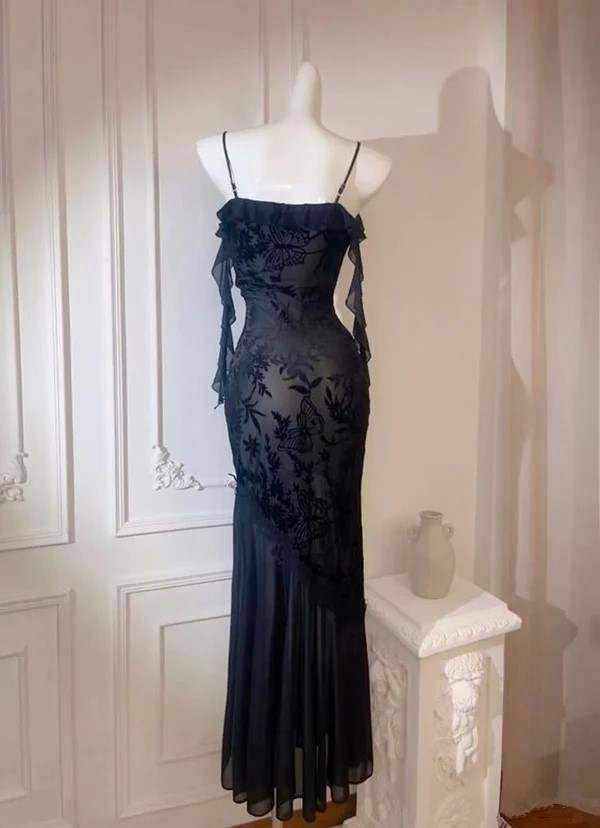 Black Spaghetti Straps Lace Mermaid Sexy Long Evening Party Dress, DP2987