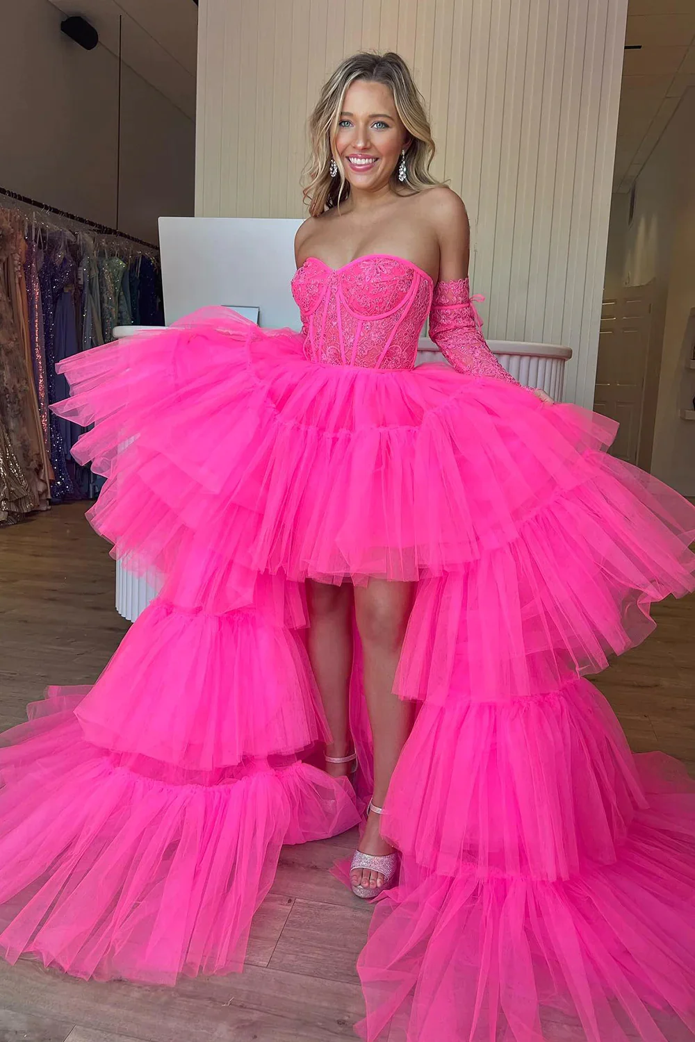 Hot Pink High Low Corset Homecoming Dress with Lace Long Prom Dress,DP0193