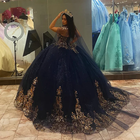 Navy Quincenara Dress Flowers Applique Lace Ball Gown With Cape Sweet 16 Dress, DP2395