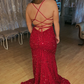 Burgundy Mermaid Lace-Up Back Sequins Long Prom Dress with Slit,DP034