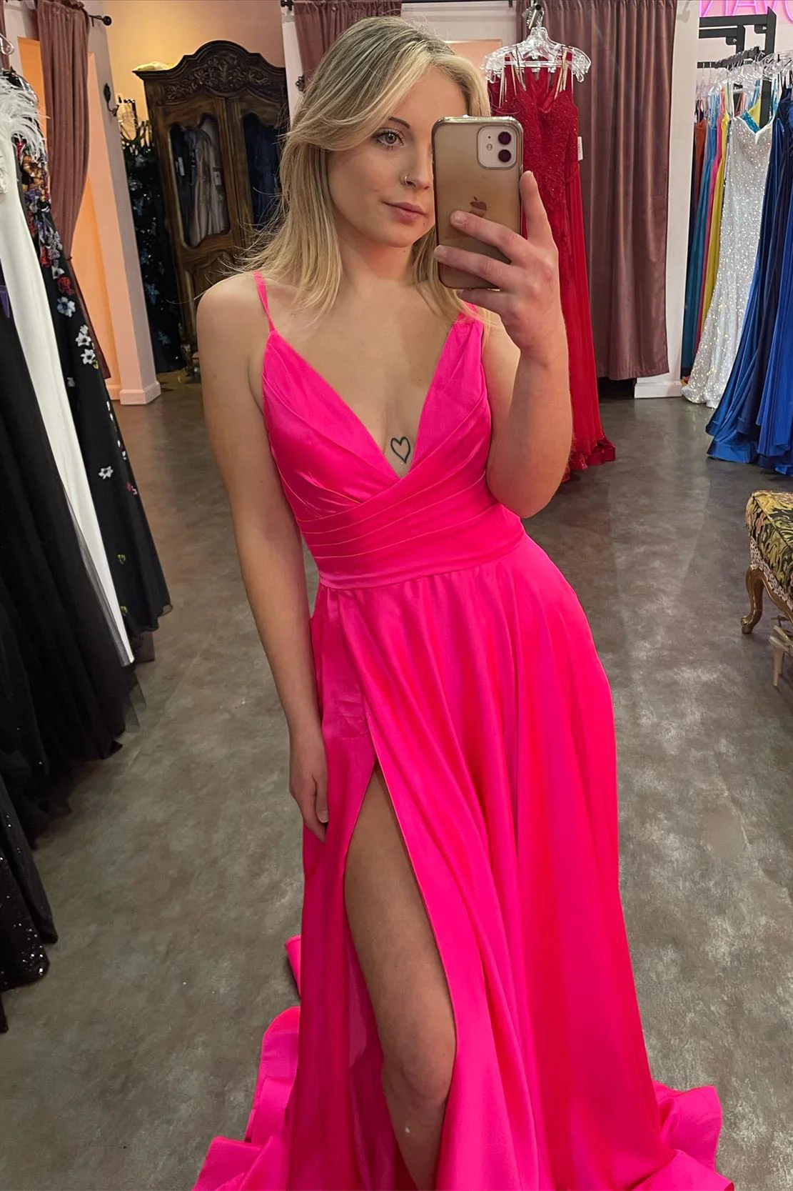 Fuchsia Plunging V Neck Straps A-line Satin Long Prom Dress with Slit,DP012