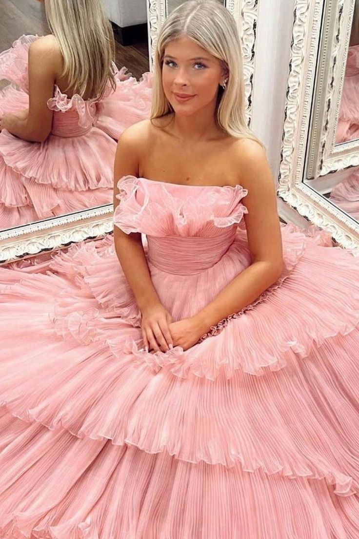 Candy Pink Tulle A-line Strapless Ruffles layers Long Prom Dress,DP0210