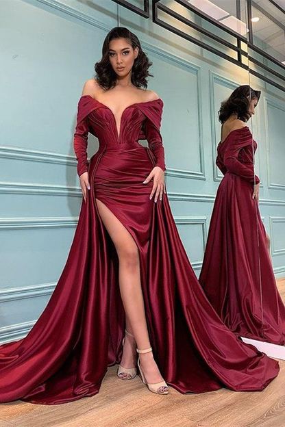 Burgundy Long Sleeve Mermaid Off-the-shoulder Prom Dress with Slit,DP065