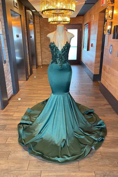 Green Halter Long Mermaid Appliques Black Girl Prom Dress, DP2313