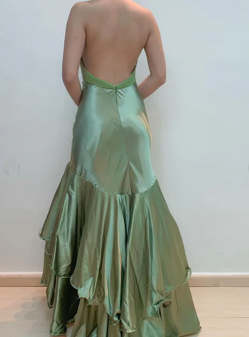 Vintage Light Green Halter-Neck Mermaid Beaded Satin Maxi Dress with R DSProm Vintage Light Green Halter-Neck Mermaid Beaded Satin Maxi Dress with R DSProm