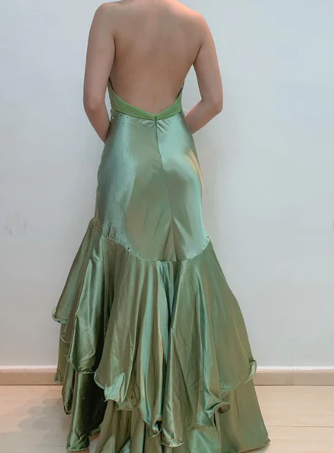 Green Halter Backless Beading Mermaid Long Prom Dress, DP2837