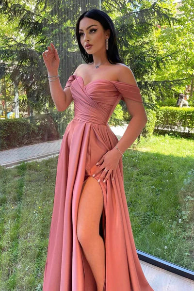 Chic Pink Satin Sweetheart Prom Dress Off-the-shoulder Evening Gown Slit Party Dress Long Formal Dress DP6943