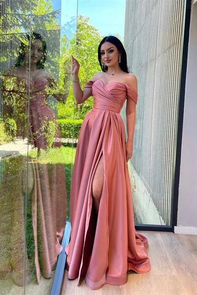 Chic Pink Satin Sweetheart Prom Dress Off-the-shoulder Evening Gown Slit Party Dress Long Formal Dress DP6943