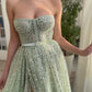 Chic Sage Green Tulle Sequin Prom Dress A-Line Slit Evening Gown Strapless Sash Party Dress Long Formal Dress DP6883