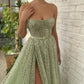Chic Sage Green Tulle Sequin Prom Dress A-Line Slit Evening Gown Strapless Sash Party Dress Long Formal Dress DP6883