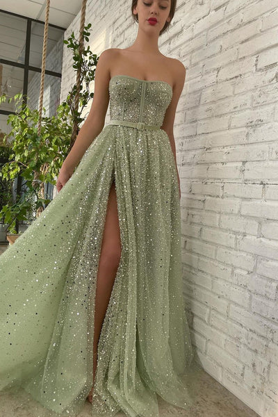 Chic Sage Green Tulle Sequin Prom Dress A-Line Slit Evening Gown Strapless Sash Party Dress Long Formal Dress DP6883
