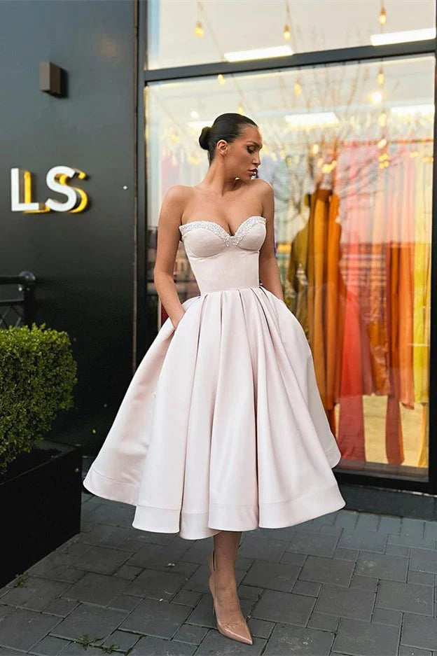 Retro Light Pink Sweetheart Strapless Design A-line Satin Party Dress Homecoming Dress DP6083